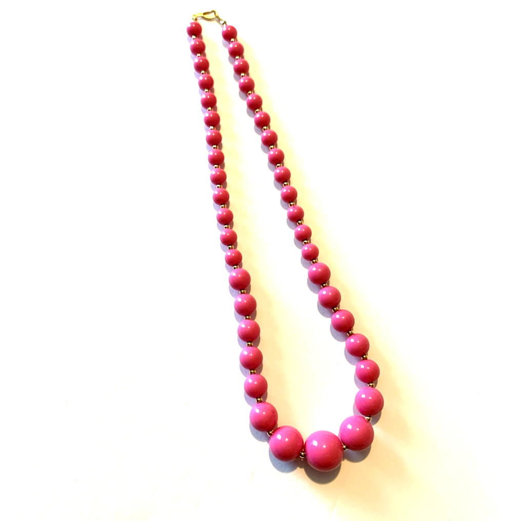 Vtg Bubble Gum Pink Acrylic Beaded Necklace Graduated Single Strand Retro 16"